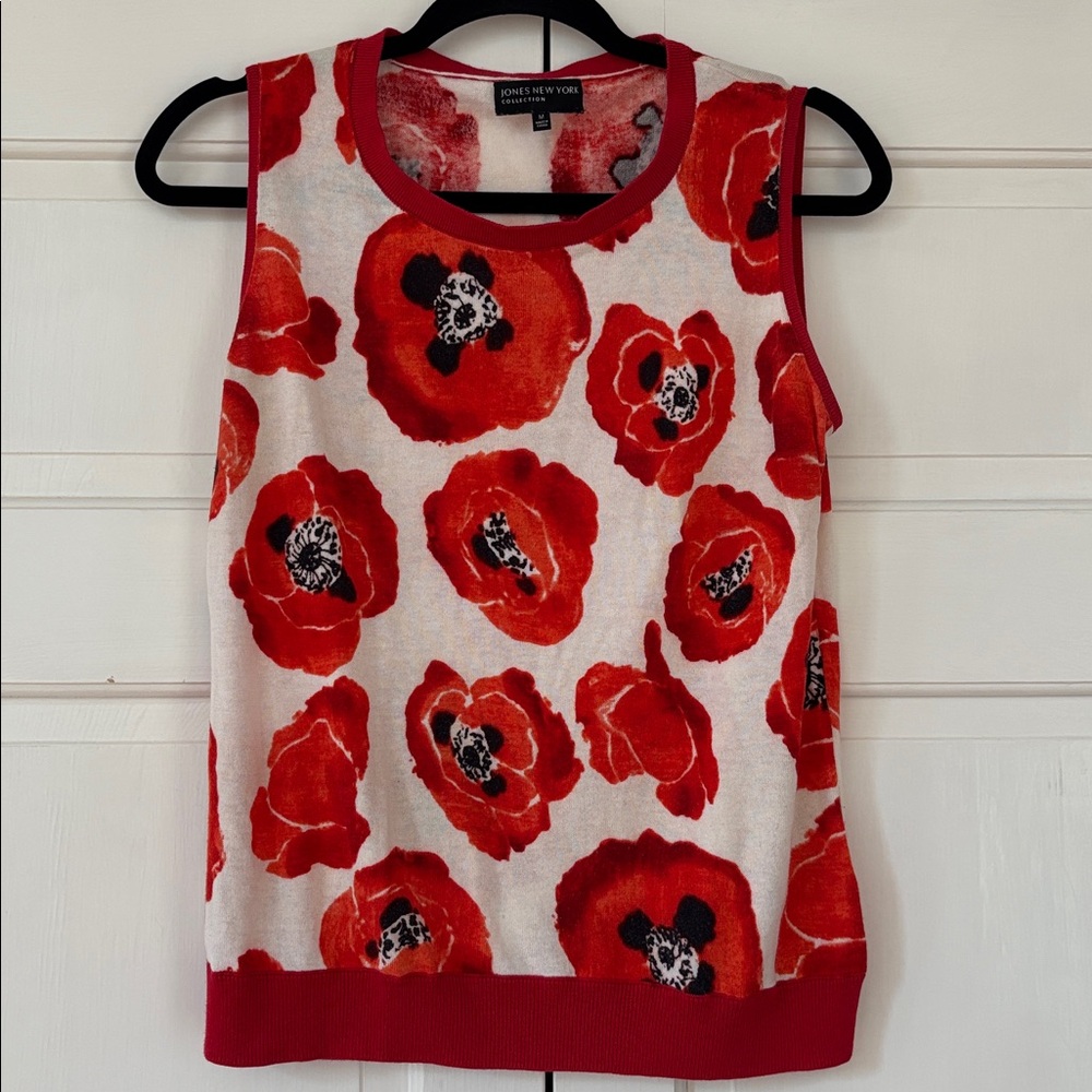 JONES NEW YORK Poppy Floral Sweater Vest Sleeveless Cream Red Orange Size Medium